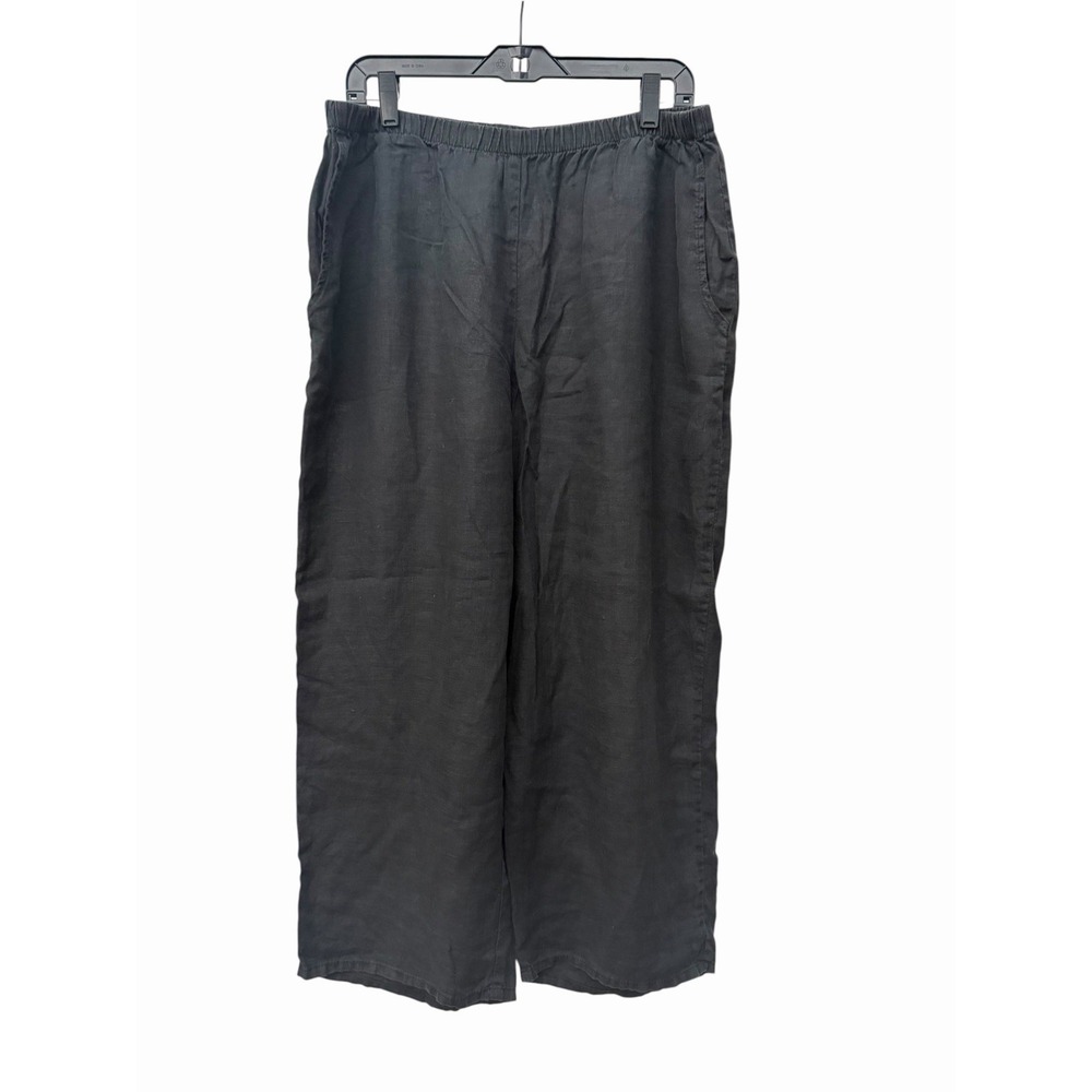 FLAX Pants Women's Large 100% Linen Black Wide Leg Pockets Elastic Waist #III5-1